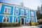 Lazne Libverda, North Bohemia, Czech Republic, 04 September 2021: blue and white hotel near colonnade, the historical part of spa