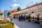 Lazne Libverda, North Bohemia, Czech Republic, 04 September 2021: red and white colonnade at sunny summer day, historical spa,