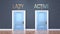 Lazy and active as a choice - pictured as words Lazy, active on doors to show that Lazy and active are opposite options while