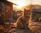 Lazy Cat Wandering in Village at Sunset