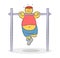 Lazy fat funny doodle man can`t pull up on the horizontal bar. Bad diet concept. Tired overweight athlete. Funny vector