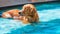 Lazy golden retriever labrador lying and relaxing in swimming pool