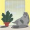 lazy gray cat is resting on the windowsill. next to it is a potted flower. yellow wallpaper and gray clouds outside the window