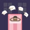 Lazy sloth in sleeping mask. Jumping sheeps. Cant sleep going to bed concept. Counting sheep. Cute cartoon kawaii baby animal set