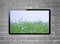 LCD tv with flower meadow on screen hanging on brick wall