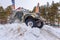 Ld Russian offroad SUV gaz69 4x4` quickly goes lifting snow in winter on a hill with flags of the finish