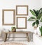 Ld wooden frame mock-up in interior background,Scandi-boho style