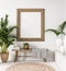 Ld wooden frame mock-up in interior background,Scandi-boho style