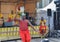 LE MANS, FRANCE - APRIL 22, 2017: Festival Europe jazz A man dances a Caribbean dance. Musicians dress with costumes and playing d