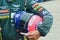 LE MANS, FRANCE - JUNE 11, 2017: Helmet and uniform of racer pilot Aston Martin racing for competition 24 hours of Le mans