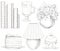 Lead pencil graphic set of cakes, lamp, books, vase with flowers and glass of coffee