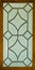 Leaded glass framed long opaque window. The design is symmetrical geometric diamond shapes.