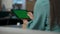 Leader fingers swiping mockup tablet at office closeup. Woman scrolling device