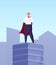 Leader in Superhero Cloak Skyscraper Top in City