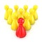 Leadership concept. One red board game piece in front of group of yellow. 3D