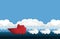 Leadership concept with origami red battleship leading among white in the sea on blue sky with clouds background