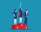 Leadership superhero standing on the winning podium. Concept business success vector illustration