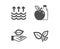 Leaf, Apple and Evaporation icons. Leaves sign. Plant care, Diet food, Global warming. Grow plant. Vector