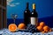 Leaf blue vine group cluster bottle wine orange grapes drink vintage alcohol