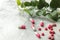 A leaf of ivy and pills on a light concrete table. Production of cough medicine with ivy extract. pharmaceutical industry