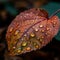 A leaf with rain droplets against a backdrop of colorful fall foliage