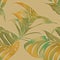 Leafy tropical emboss 3d seamless pattern. Embossed green yellow plants leaves background. Grunge colorful backdrop. Grungy
