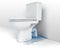 A leaking under the toilet bowl is splashing around on white background, water flow concept,