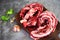 Lean meat beef butcher grilled barbecue / Fresh raw meat beef for grill with spices garlic on wooden cutting board and black