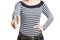 Lean woman in a striped tight blouse  pointing on virtual screen, concept modern business ore game  background - can be used for m