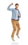 Leaping with positivity. Handsome young guy jumping energetically against a white background.