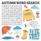 Learn English with an autumn word search game for kids. Vector i