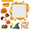 Learn English with an autumn word search game for kids. Vector illustration