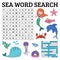 Learn English with a sea word search game for kids. Vector illus