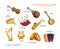 LEARN FRENCH. Names of MUSICAL INSTRUMENTS in French. Set of illustrations for music encyclopedia or for kids school textbook.