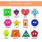 Learn geometric shapes. Geometric shapes with cartoon face. Educational material for preschool kids. Square, heart, triangle, hexa