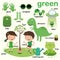 Learn Green color, Educate color and vocabulary set, Illustration of primary colors, Vector illustration