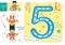 Learn how to write number 5 for preschool kids vector illustration, game