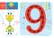 Learn how to write number 9 for preschool kids vector illustration, game