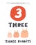 Learn numbers card for kids. Number three poster with rabbits