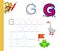 Learn to trace letter G. Study English words. Worksheet for children. Education game with ABC for kindergarten. Developing kids