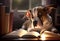 Learned dog meditates by an open book. AI genarated