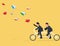 Learning aspiration concept. two businessmen riding bicycles following a flying book
