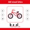 Learning cards for kids. Add missed letters. Bicycle