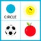 Learning circle form. Sun, football ball and apple. Educational cards for kids. Flat design.