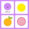 Learning circle round form shape. Smiling face. Cute cartoon character. Sun, orange fruit with leaf, clock watch set. Educational