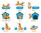 Learning english prepositions with cute cartoon puppy dog. Cute akita dog above, behind, under, near dog bed or dog