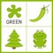 Learning green color. Frog, green pea and fir tree. Educational