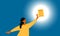 Learning light, literature day, education power vector illustration with young woman holding in hand lights up night dark