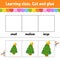 Learning sizes. Cut and glue. Easy level. Christmas theme. Color activity worksheet. Game for children. Cartoon character. Vector