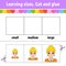 Learning sizes. Cut and glue. Easy level. Color activity worksheet. Game for children. Cartoon character. Vector illustration